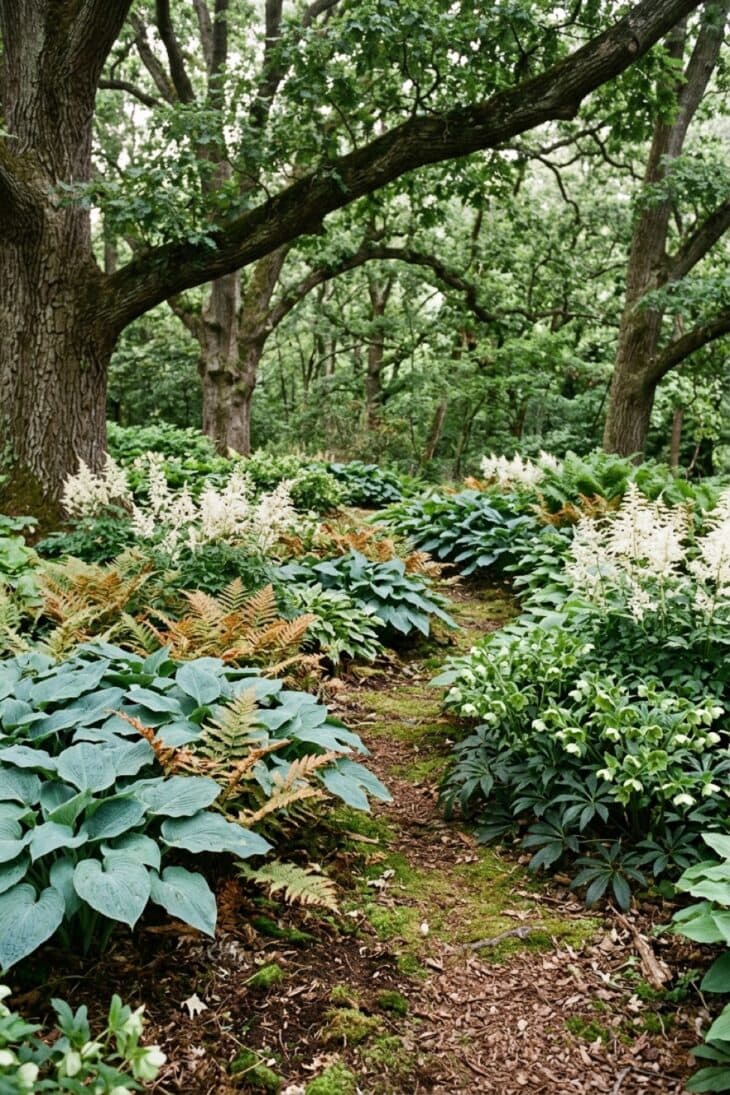 Blue-grey hostas and copper ferns in dappled shade under oak trees