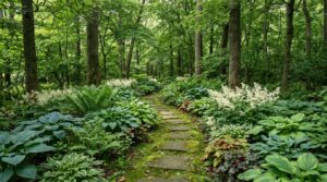 Shady woodland path through hostas, ferns and white astilbe in dappled light