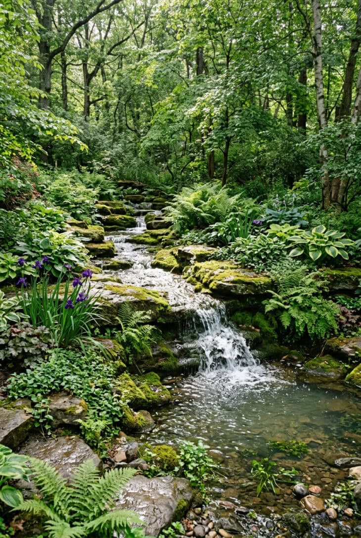 Naturalistic stream and waterfall cascading down a slope into a pool lined with ferns