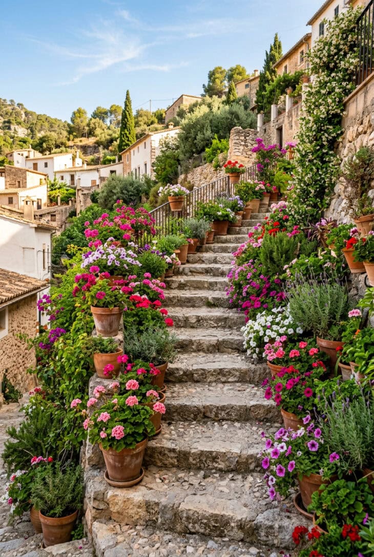 Stone steps on a slope lined with cascading terracotta pots of trailing flowers