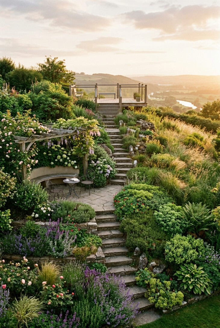 Complete hillside garden combining terraces, steps, a seating terrace and viewing deck