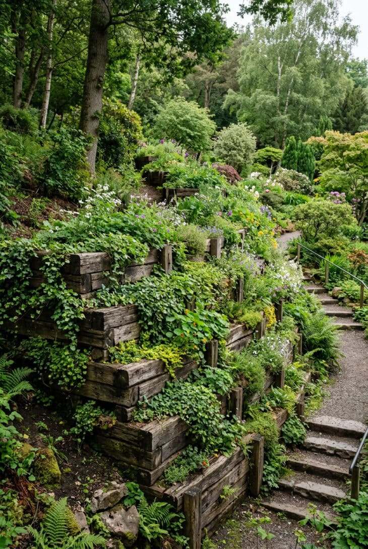 Timber crib retaining wall filled with soil and densely planted with trailing greenery