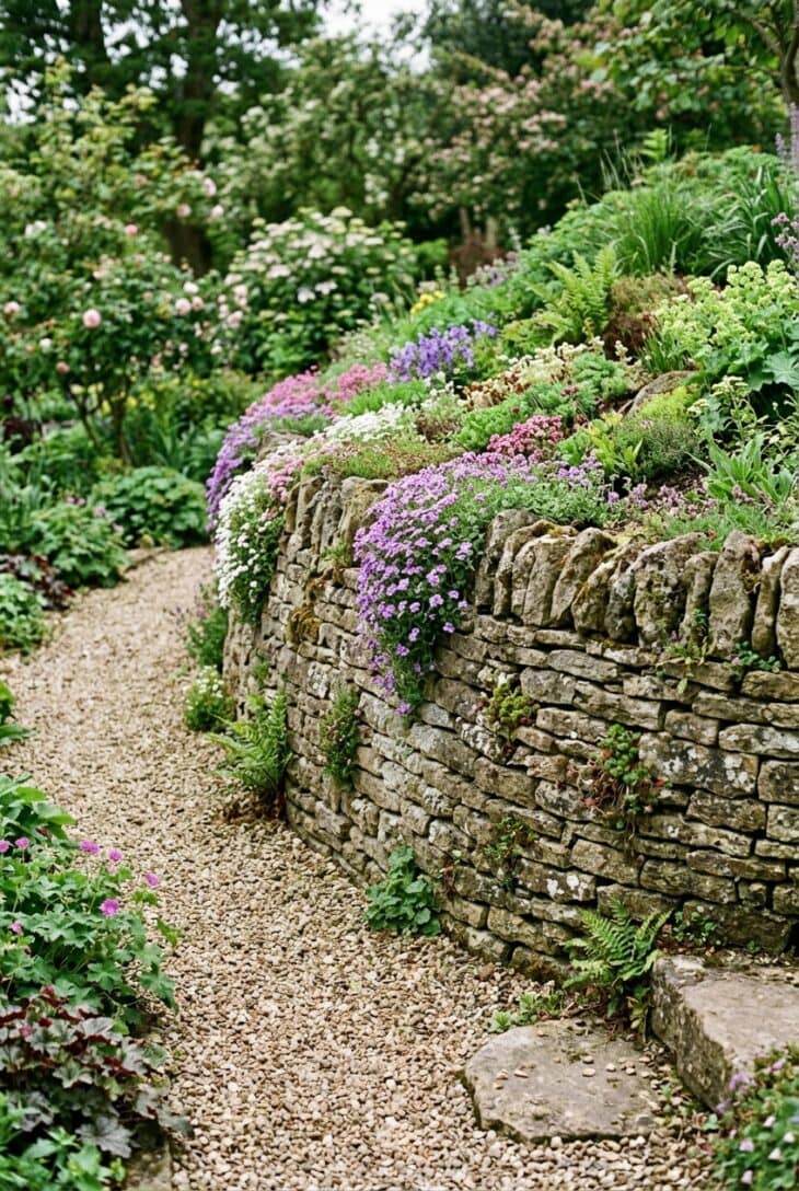 Curving dry-stone retaining wall with alpine plants growing from its crevices