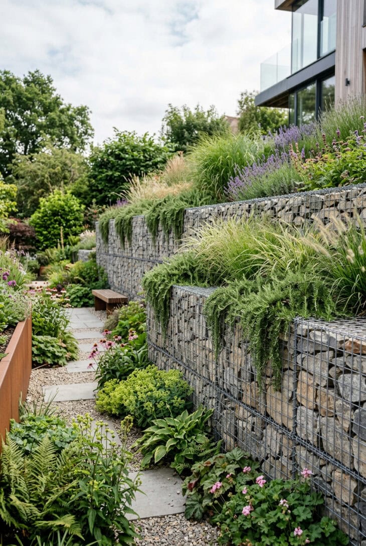 Modern gabion retaining wall of stone-filled cages stepping up a slope in two tiers