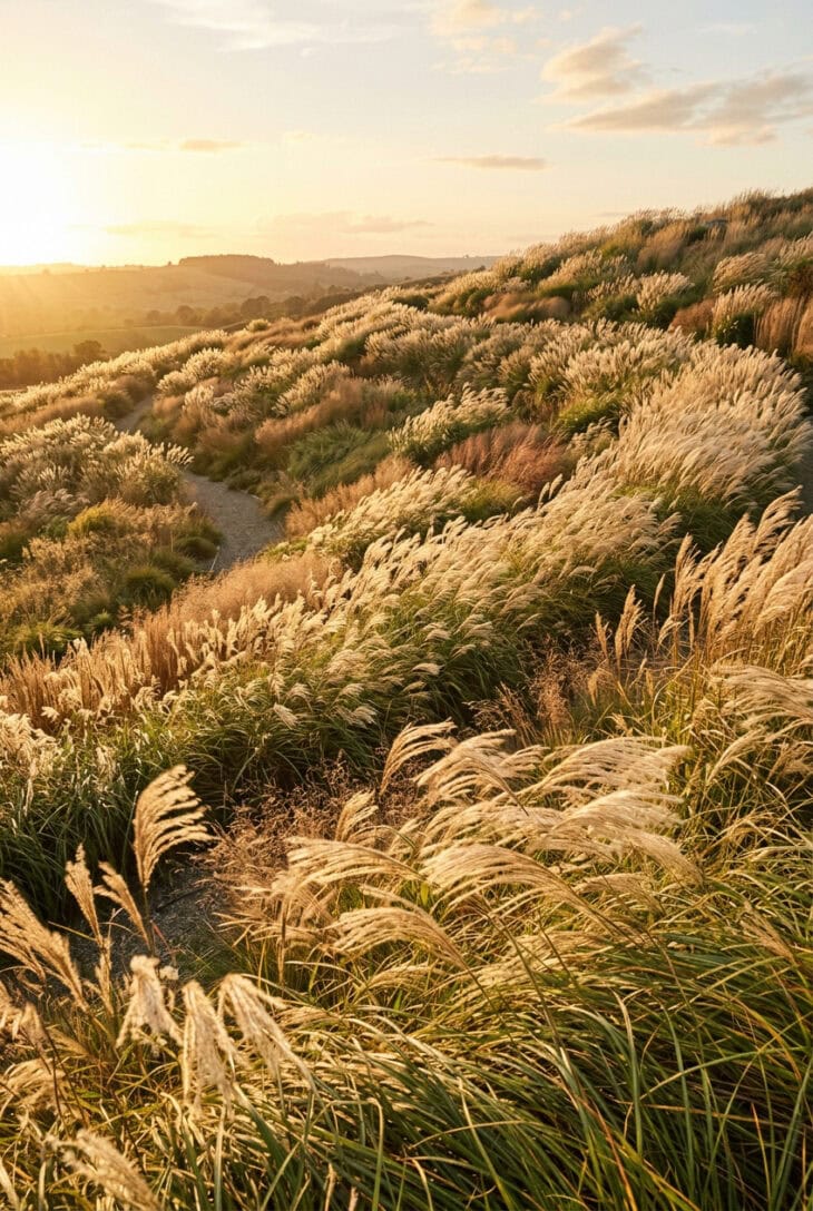 Whole slope planted in golden drifts of miscanthus, stipa and calamagrostis grasses