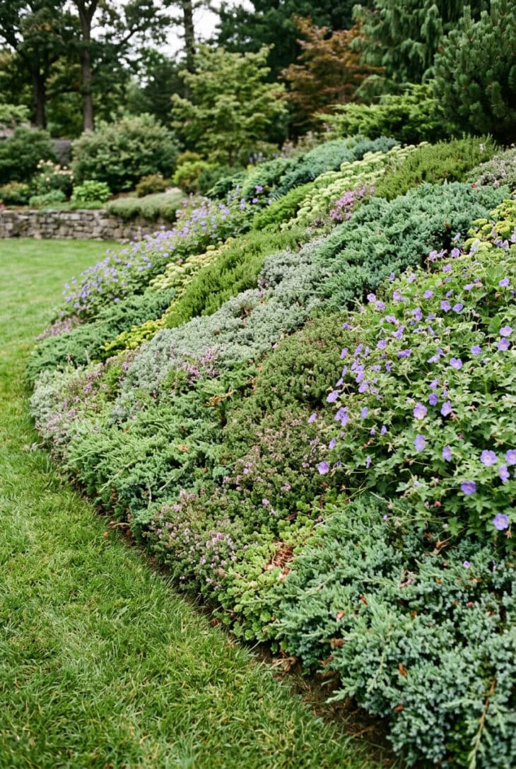 Steep bank fully clothed in spreading juniper, thyme and hardy geranium ground cover