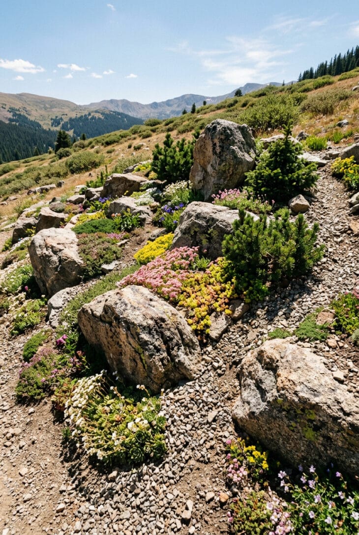 Naturalistic rock garden of bedded boulders and alpine plants set into a sunny slope