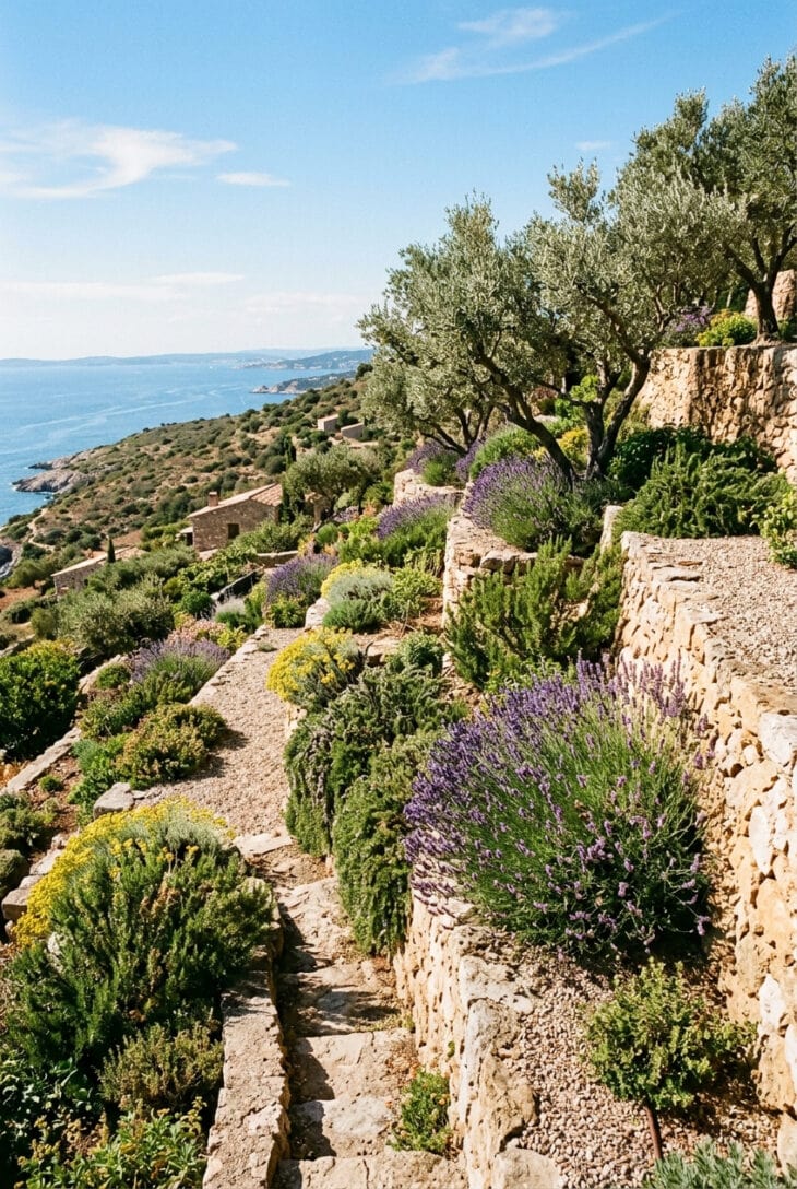 Sun-baked stone terraces planted with olives, lavender and rosemary on a slope
