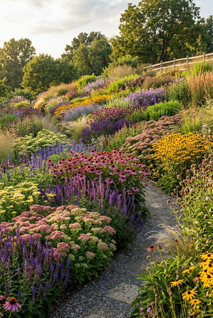 Slope planted with layered perennial borders of salvia, echinacea and grasses