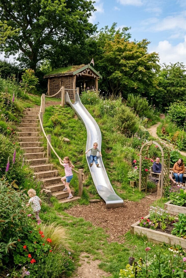 Grassy slope turned into a play area with a slide set into the bank and climbing steps