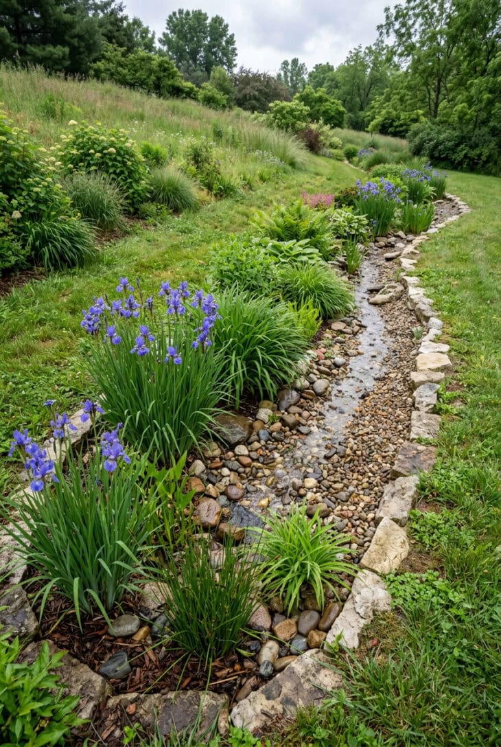 Shallow planted swale running across a slope catching runoff into a rain garden basin