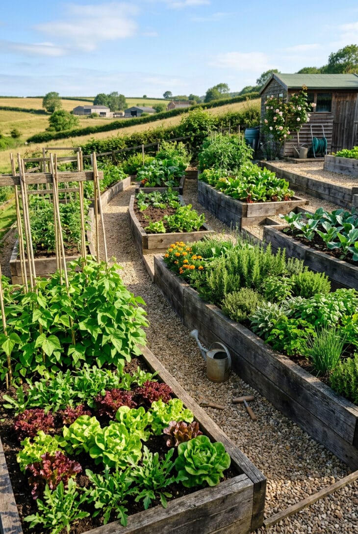 Timber raised vegetable beds cut level into a gentle slope with gravel paths
