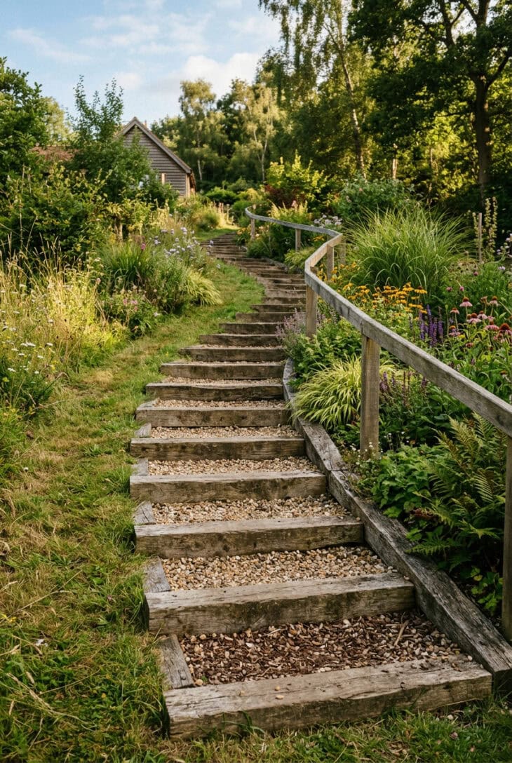 Rustic railway-sleeper steps with gravel treads climbing a grassy slope
