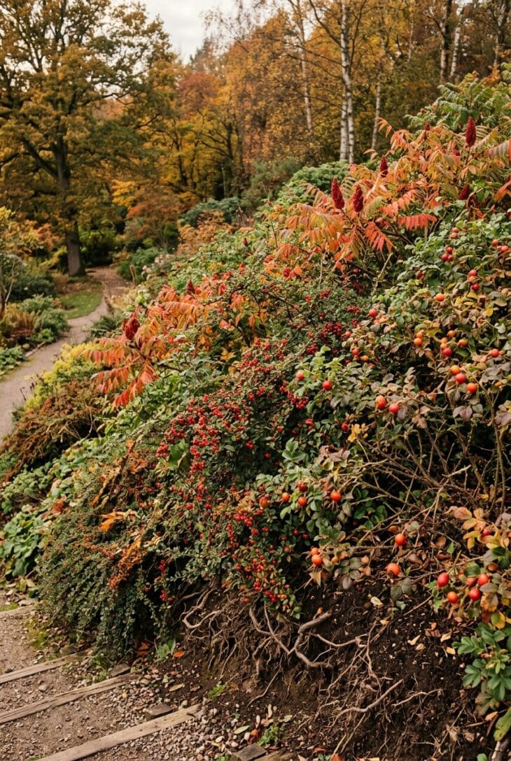 Slope planted with deep-rooting cotoneaster, sumac and shrub roses knitting the bank