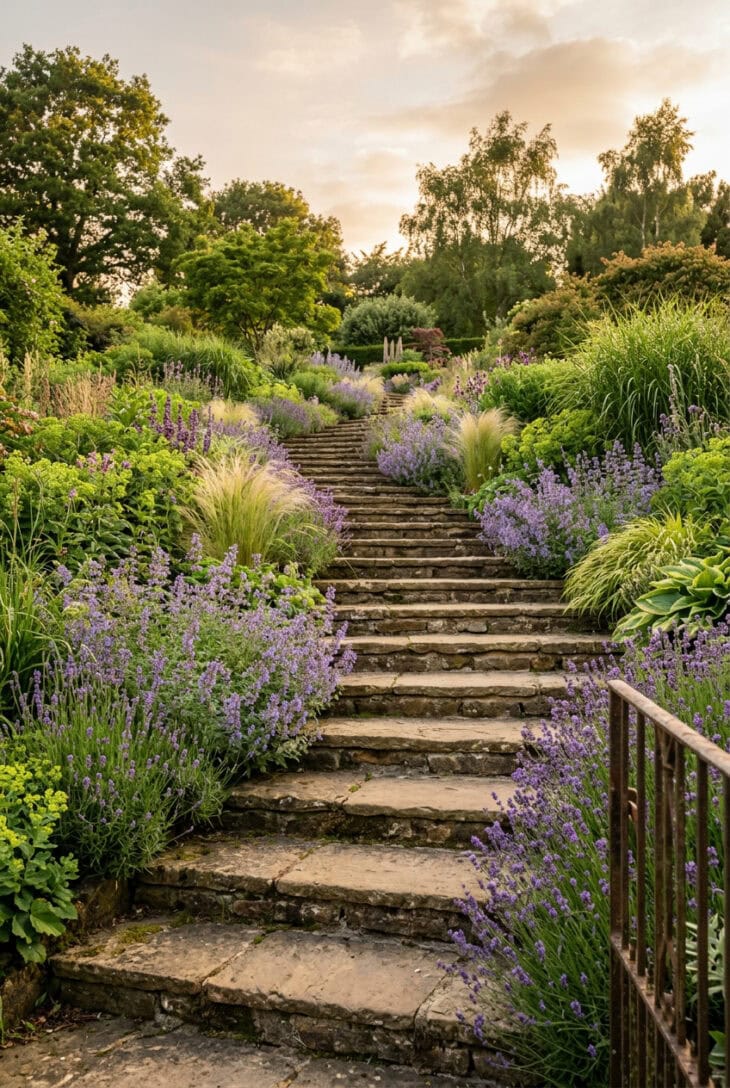 Wide natural stone steps climbing a slope flanked by lavender and grasses