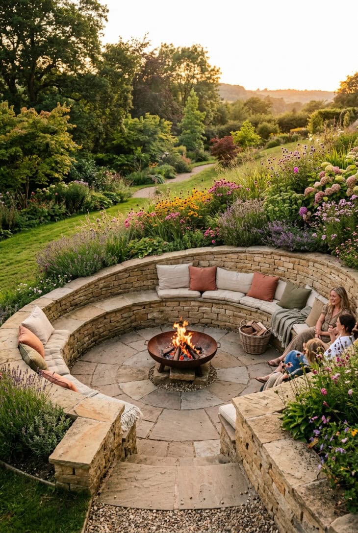 Circular sunken seating terrace carved into a slope with curved bench wall and fire bowl
