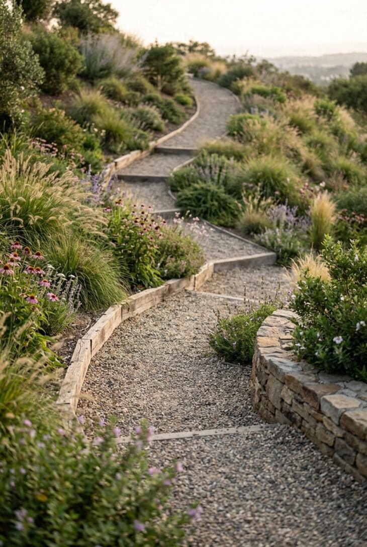 Gravel path zig-zagging in gentle switchbacks up a planted slope
