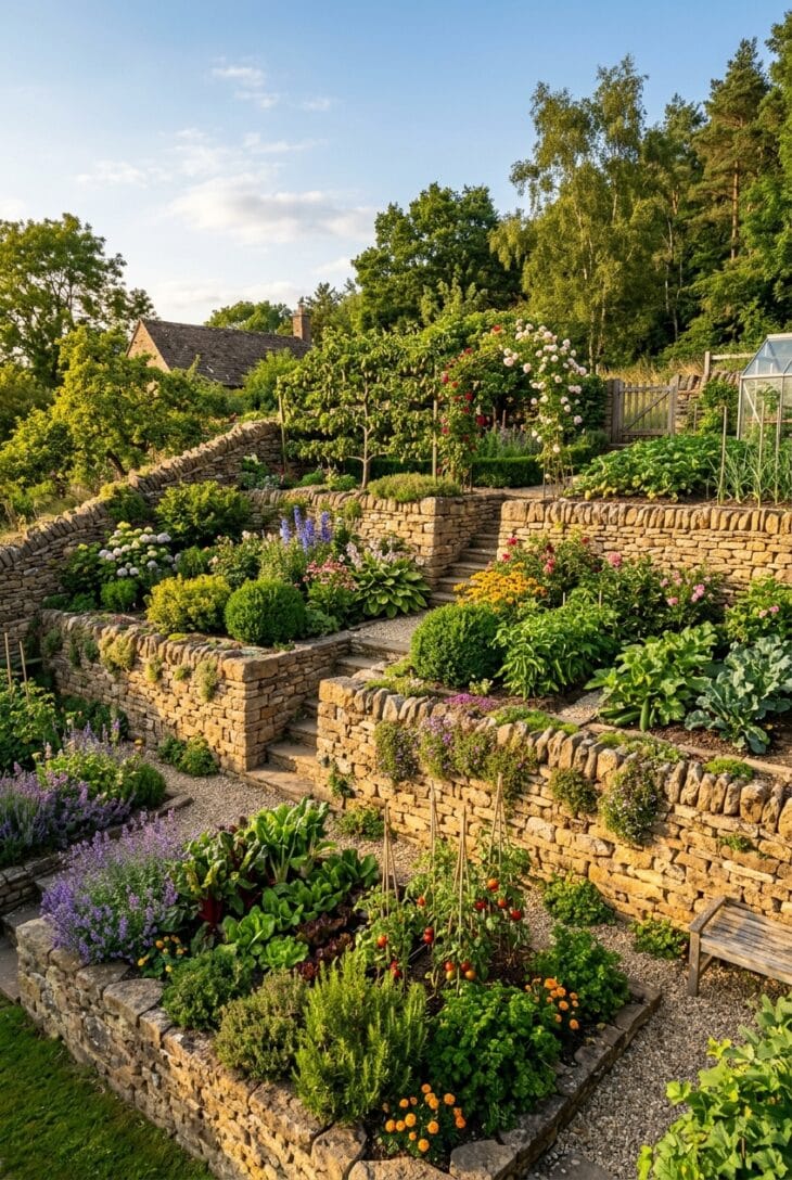 Sloping garden divided into three level terraces held by dry-stone retaining walls
