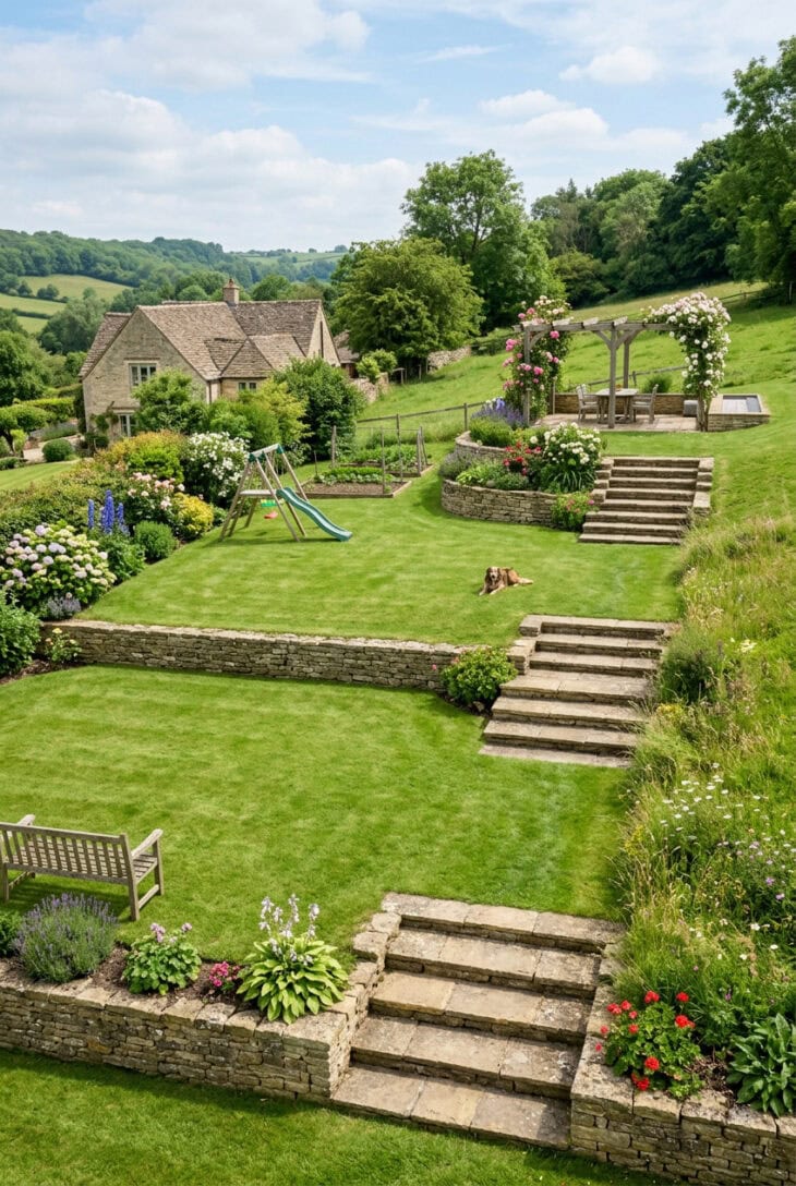 Slope divided into broad level lawn terraces linked by wide grassy steps