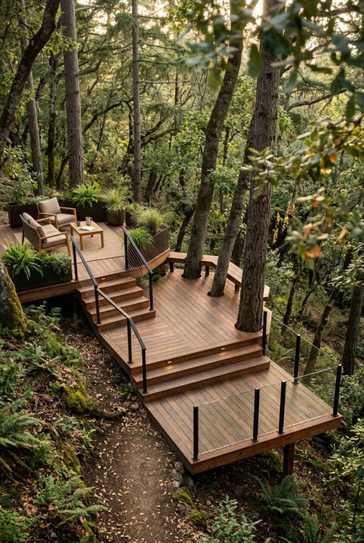 Connected timber deck platforms stepping down a wooded slope among trees