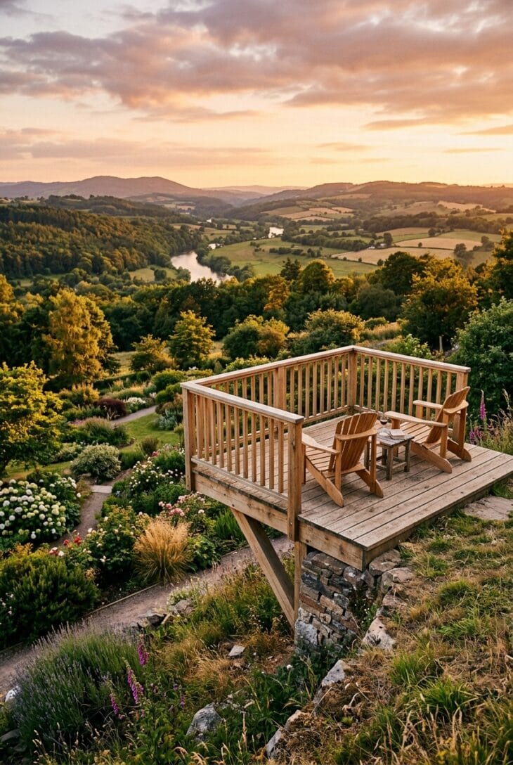 Timber viewing platform projecting from the top of a slope with chairs facing the view