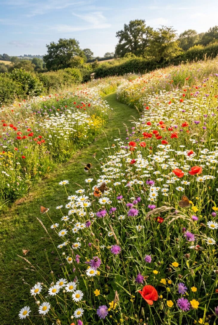 Sunny slope turned into a wildflower meadow bank with a mown path curving through