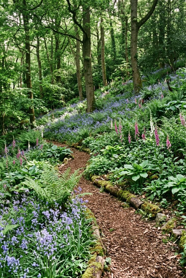 Shady wooded slope carpeted with ferns, hostas and bluebells beneath tall trees