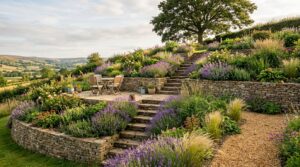 Terraced hillside garden with dry-stone retaining walls, central stone steps and a seating terrace stepping up the slope