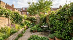 Small town garden with a paved terrace, wall planting and a multi-stem tree