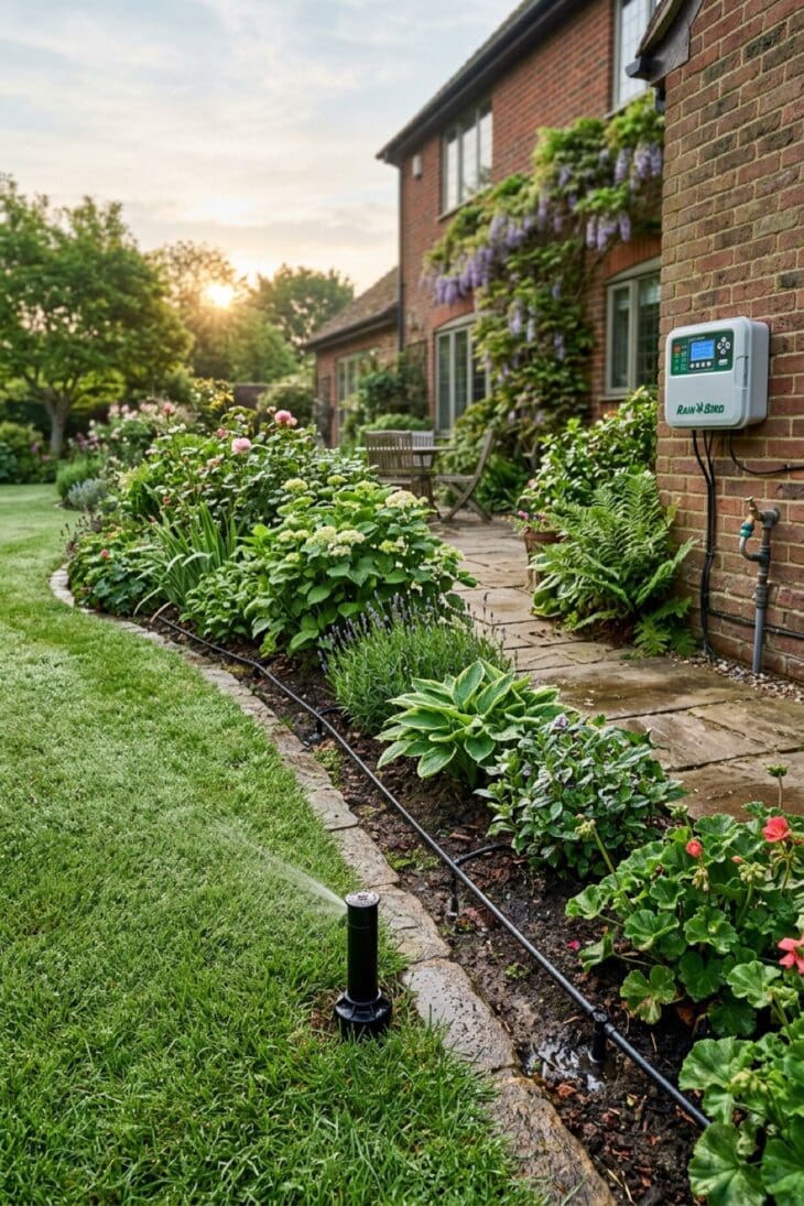 Automated sprinklers and drip lines watering a lawn and border at dawn
