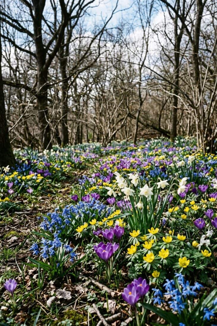 Blue scilla and white narcissus flowering under bare early-spring trees