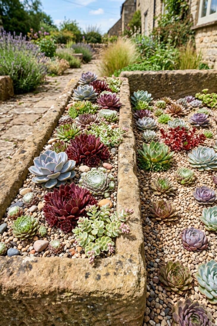 Raised gravel bed packed with green, blue and red succulent rosettes
