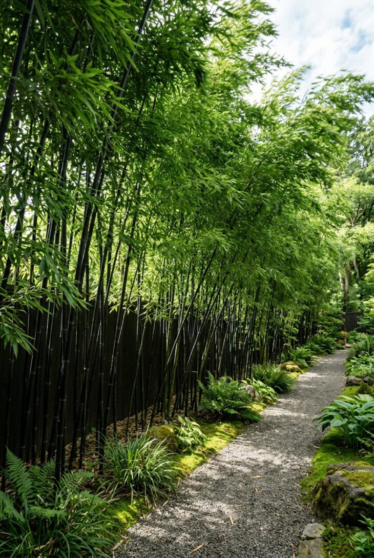 Screen of glossy black bamboo canes with fine green foliage hiding a boundary fence