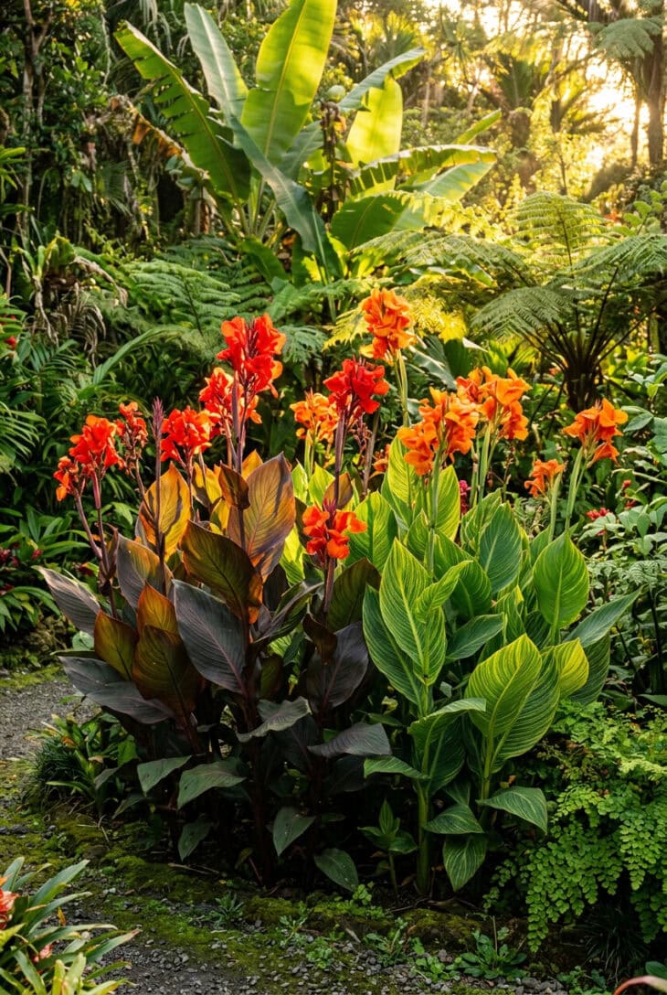 Scarlet and orange canna flowers above bronze-purple paddle leaves backlit by evening sun