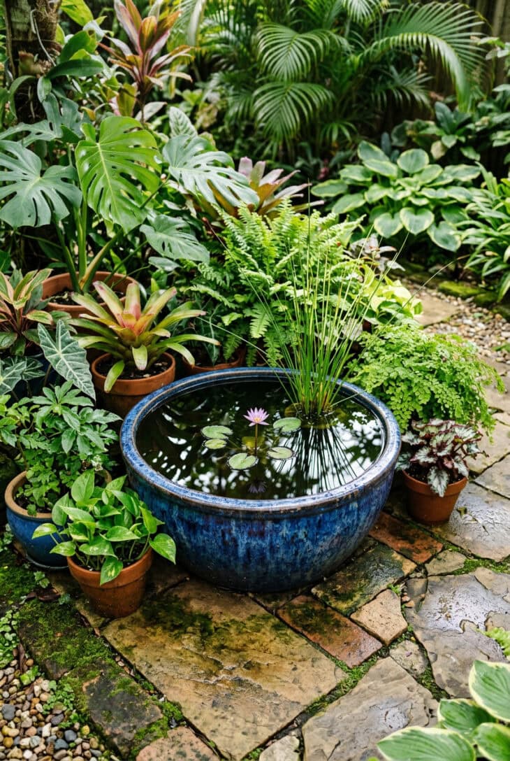 Large glazed bowl of water with a miniature lily and upright rush, surrounded by potted foliage