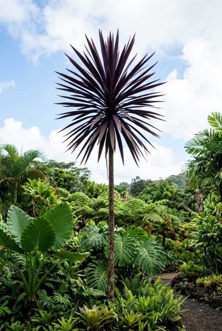 Burgundy cordyline with a bare trunk and explosion of narrow sword leaves above green planting