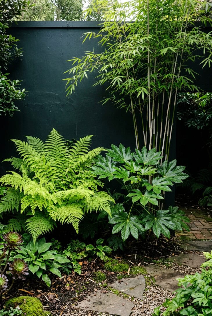 Inky dark green painted wall with acid-green ferns and glossy fatsia standing out in front of it