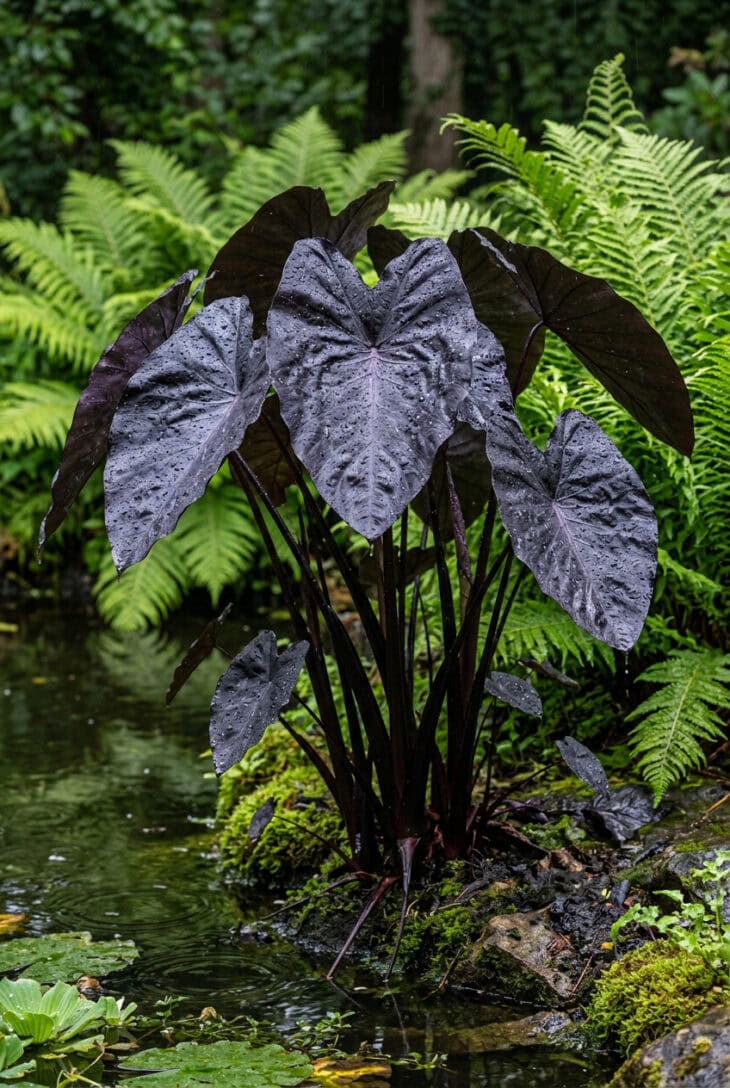 Clump of near-black heart-shaped elephant ear leaves beading with water beside a pond edge