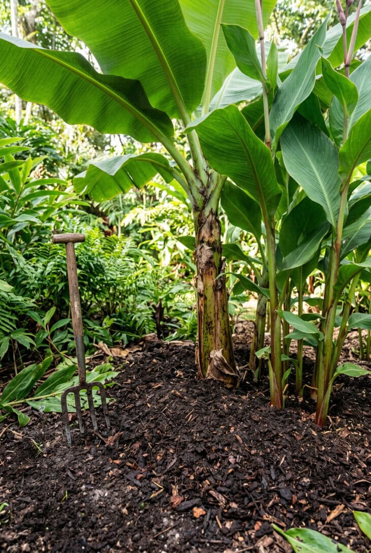 Thick dark compost mulch spread around the base of banana and canna stems with lush leaves above