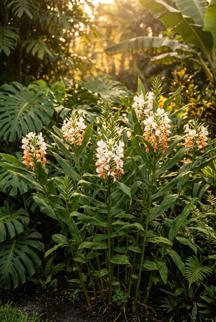 Spikes of white and orange butterfly-like ginger lily flowers above leafy stems in evening light