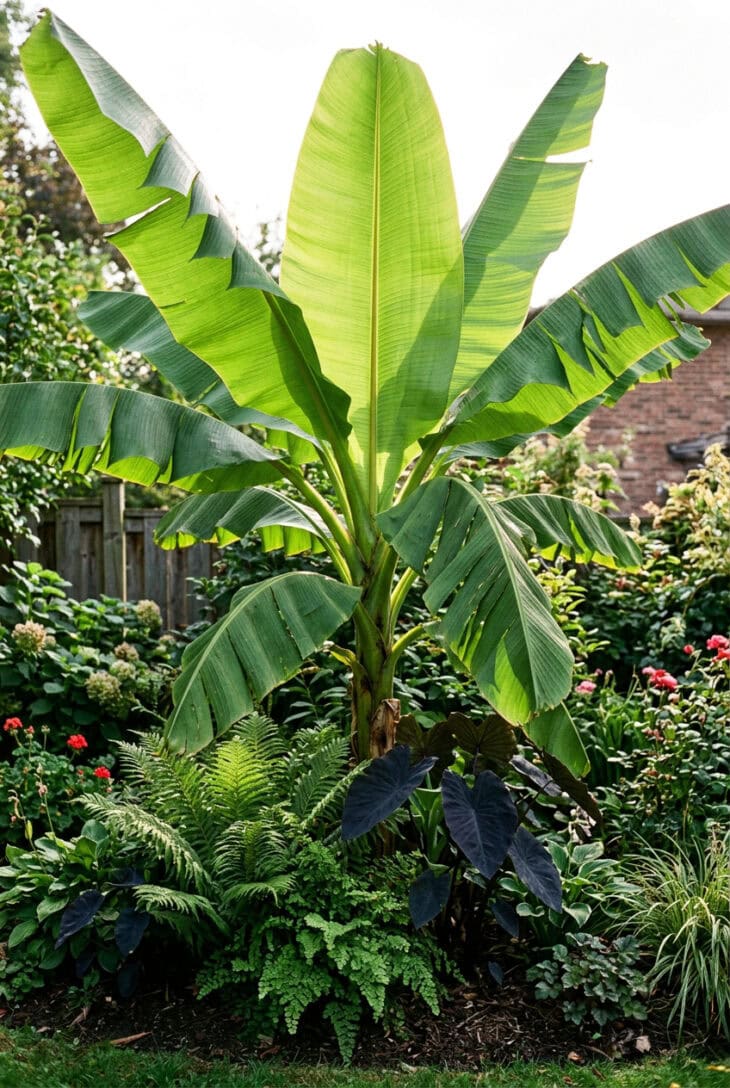 Hardy banana with huge paddle leaves glowing translucent green in backlight above ferns