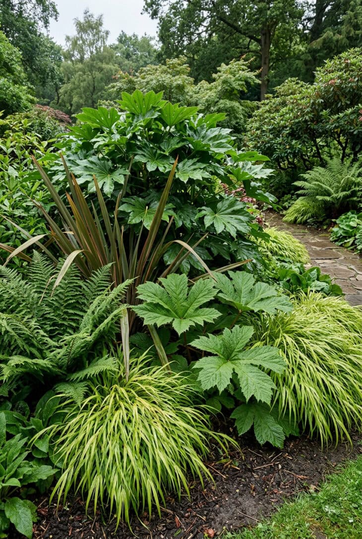 Border of hardy fatsia, rodgersia, ferns and phormium giving a jungle effect in a cool climate