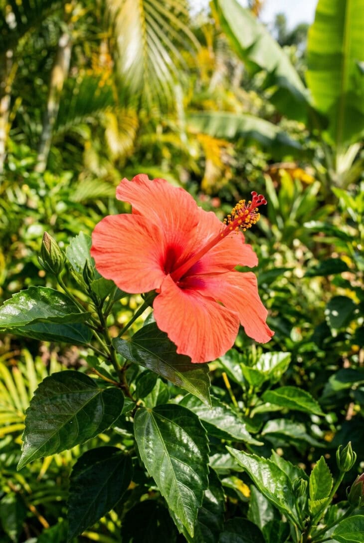 Vivid coral-red hibiscus flower with a long stamen against glossy dark green leaves