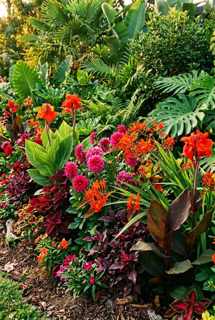 Hot border of scarlet cannas, magenta dahlias and orange crocosmia against big green leaves