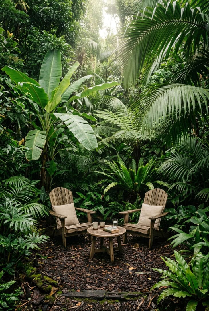Two chairs in a small clearing enclosed on all sides by banana leaves, palms and ferns