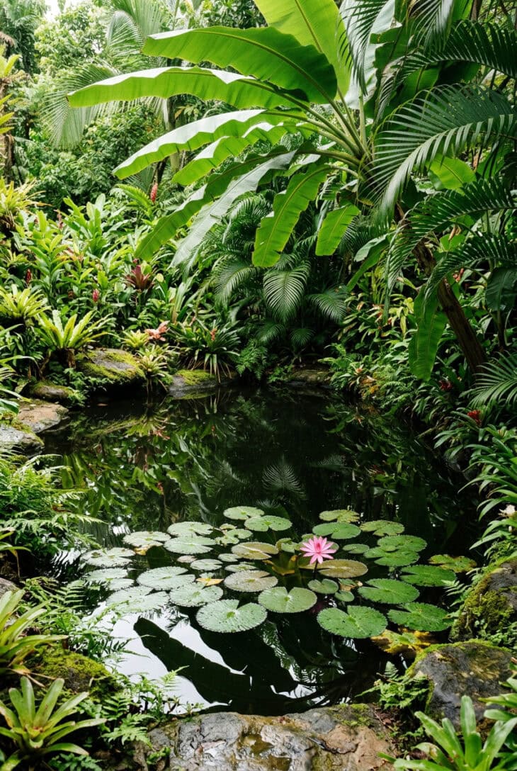 Dark still pool reflecting overhanging banana leaves with lily pads and one pink flower