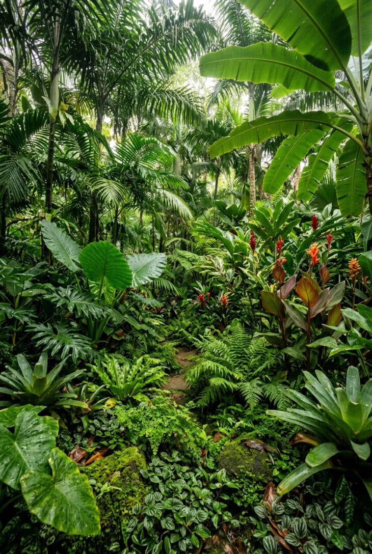 Densely layered planting with a palm canopy overhead, broad-leaved shrubs and a floor of ferns