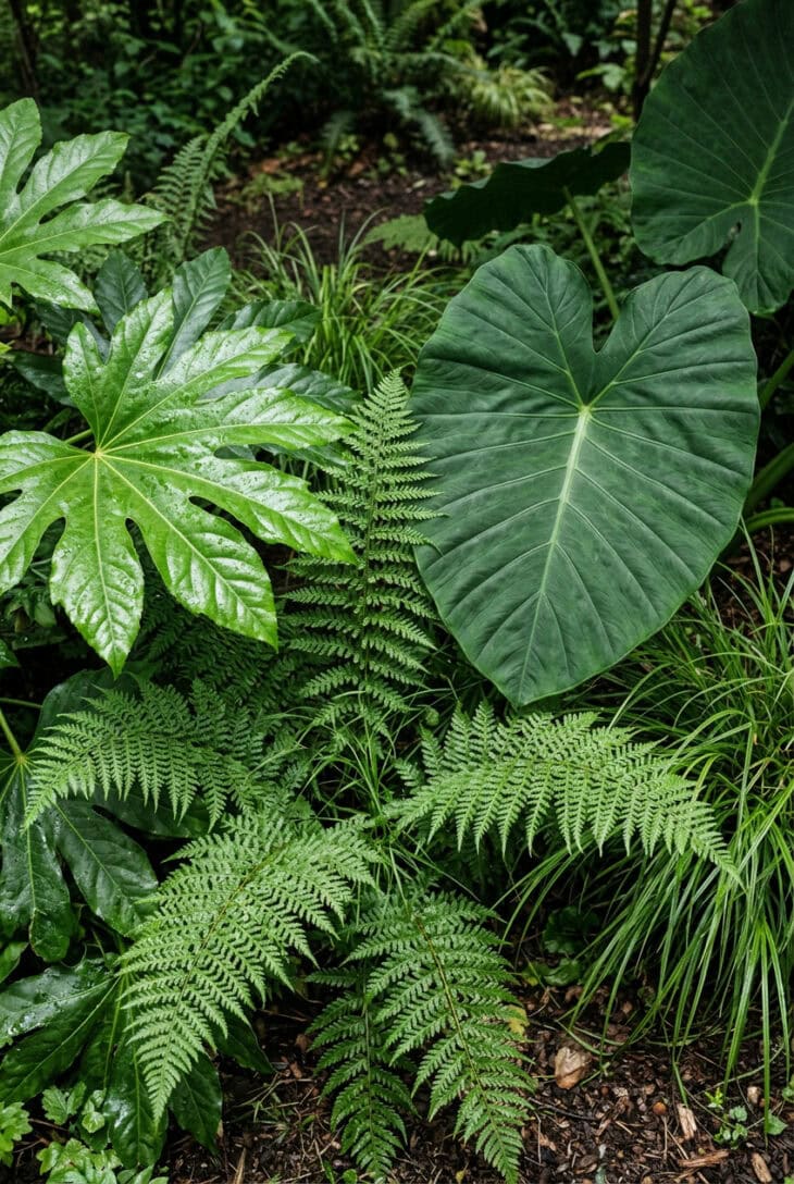 Giant glossy fatsia and elephant ear leaves beside delicate lacy fern fronds and fine grasses