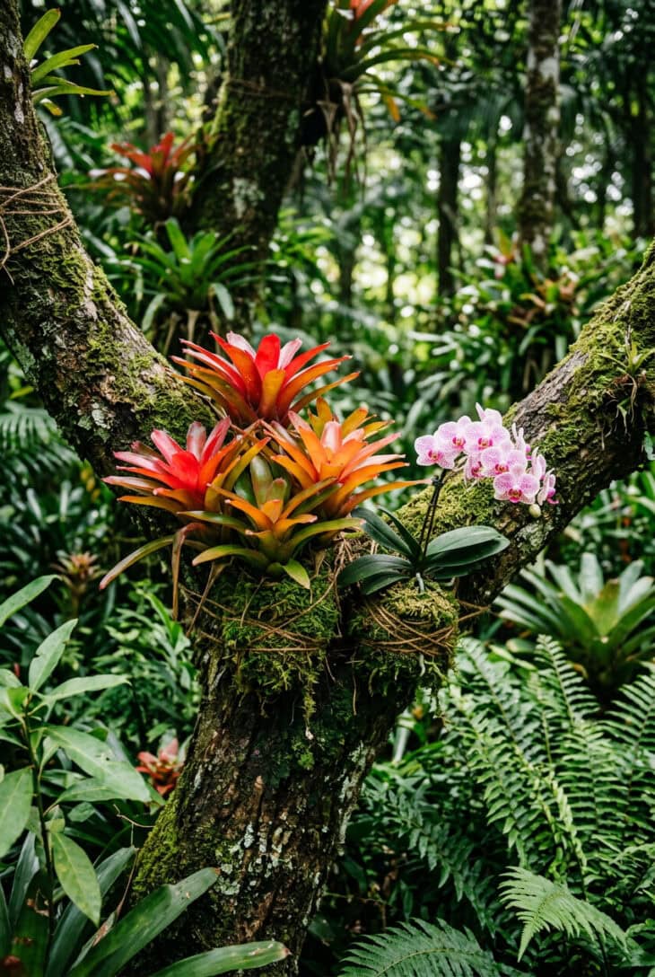 Red and orange bromeliads and an orchid mounted with moss onto a mossy tree branch