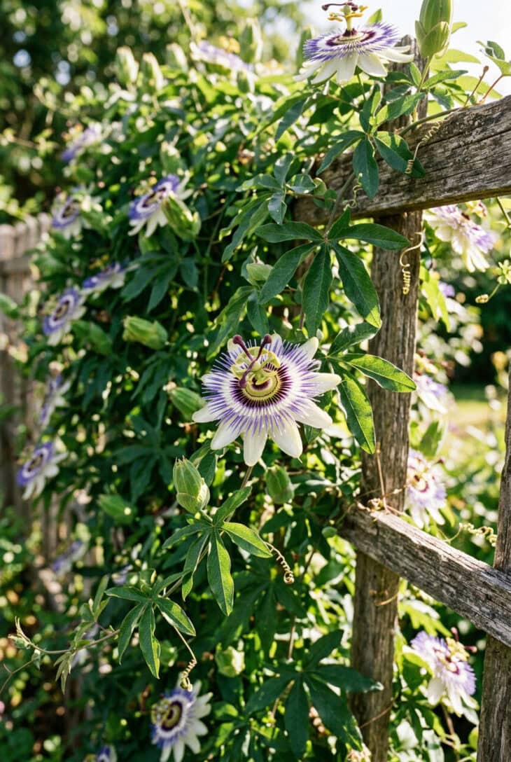 Passion flower vine on a fence with intricate purple and white fringed flowers among lobed leaves